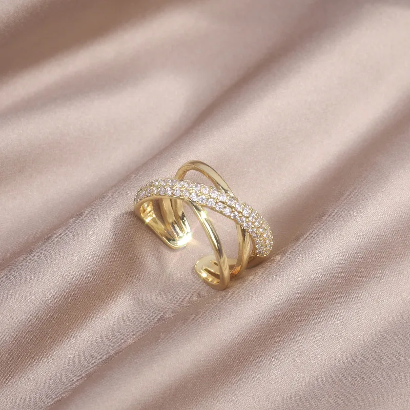 

Женское Открытое кольцо с фианитами, элегантное кольцо с геометрическим дизайном, украшение из настоящего золота 14 к, в Корейском стиле