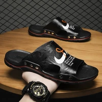 2022 new summer mens slippers non slip large size leather beach shoes fashion soft men slippers black outdoor leisure sandals