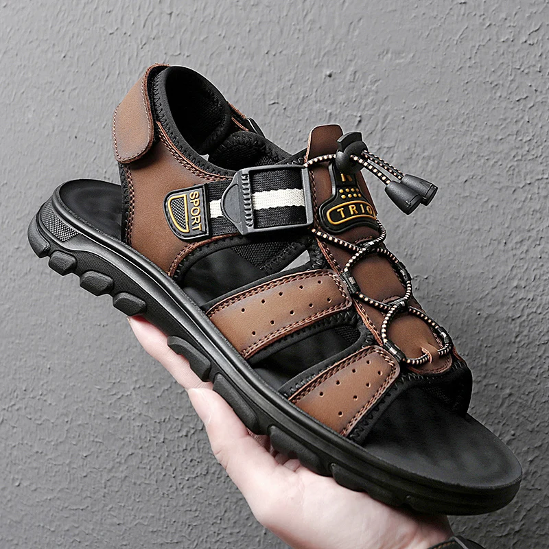 

New Handmade Leather Hiking Sandals Men Summer Shoes Beach Shoes Flip Flops Sneakers Outdoor Footwear Flat Sport Sandals