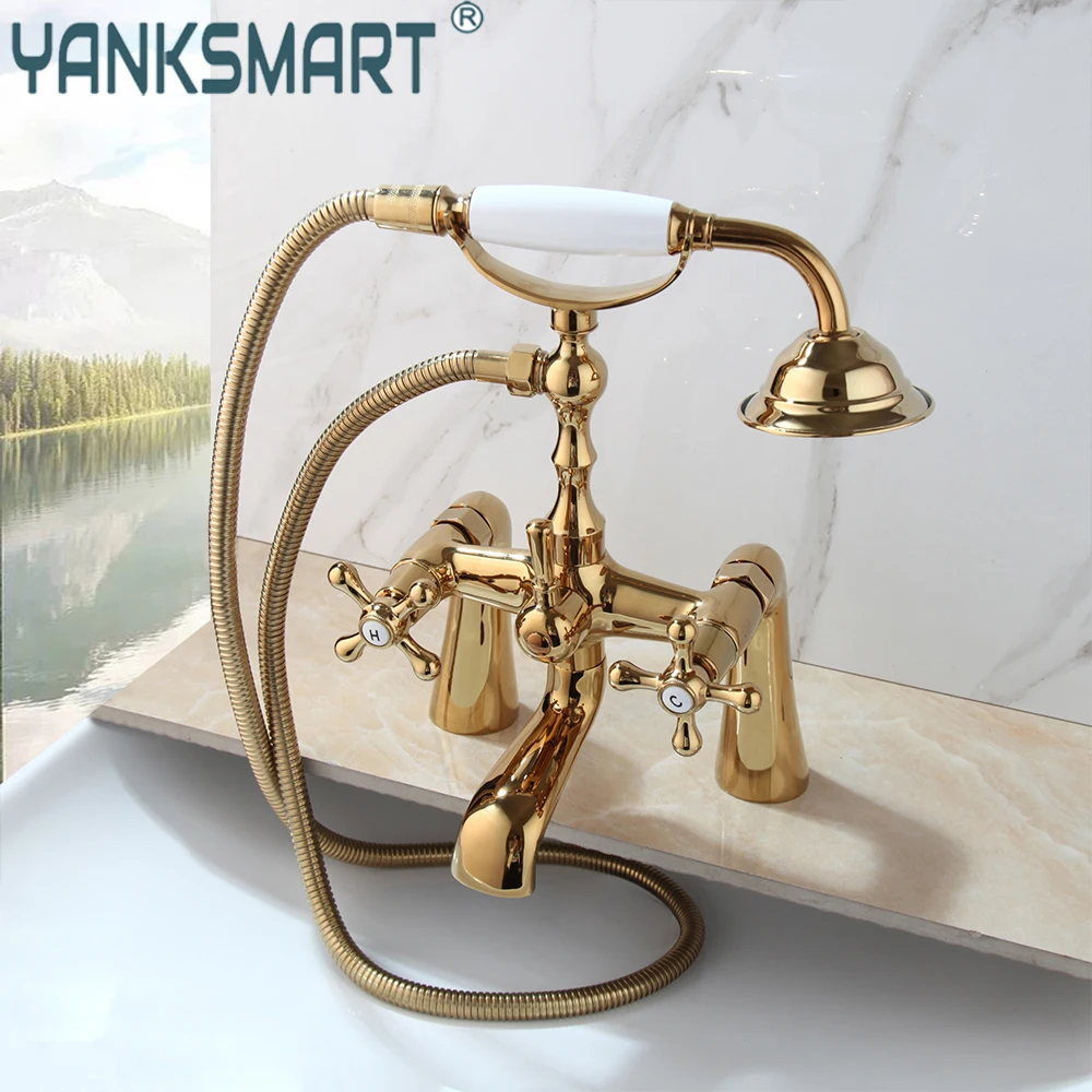 

YANKSMART Gold Telephone Bathroom Faucet Sink Deck Mounted Basin Faucets 2 Handles Bathtub Mixer Water Tap With Shower Hand Set