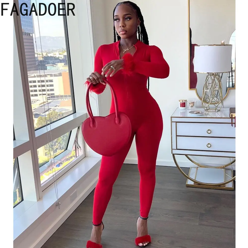 FAGADOER Fashion Street Style Women Zipper V Neck Fur Patchwork Bodycon Jumpsuit Female Solid Color Slim Rompers Female Playsuit