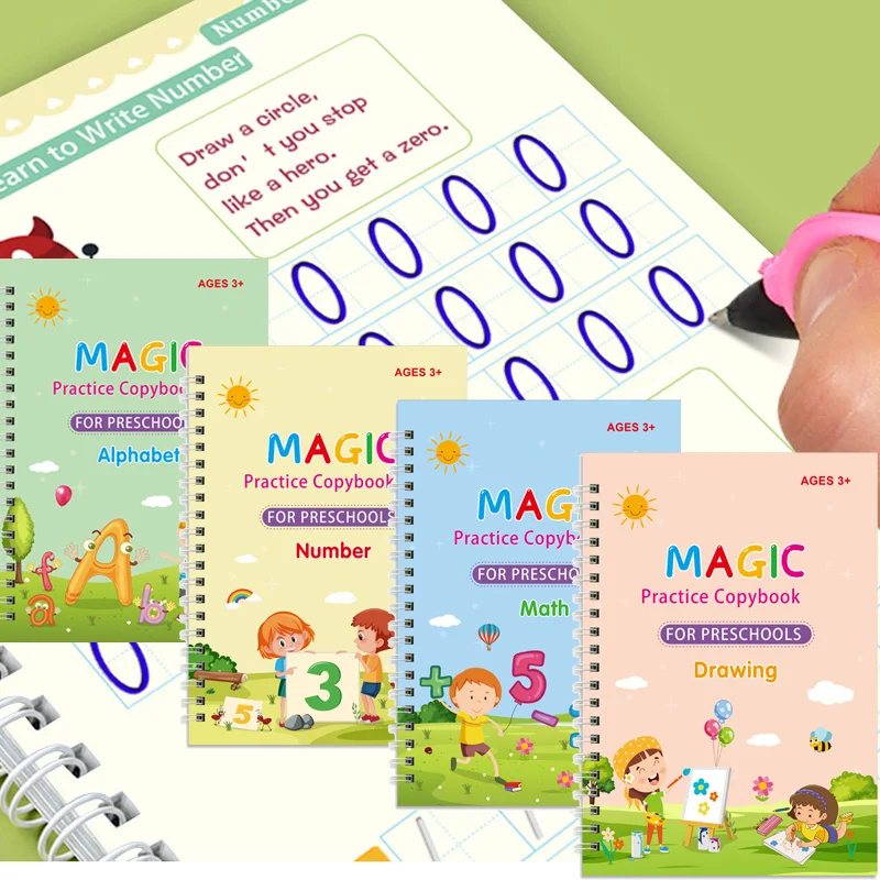 

4 Magic Copybooks Children's Toy Writing Reusable Free Wiping English Maths Drawing Children's Toy Writing Practice Copy Book