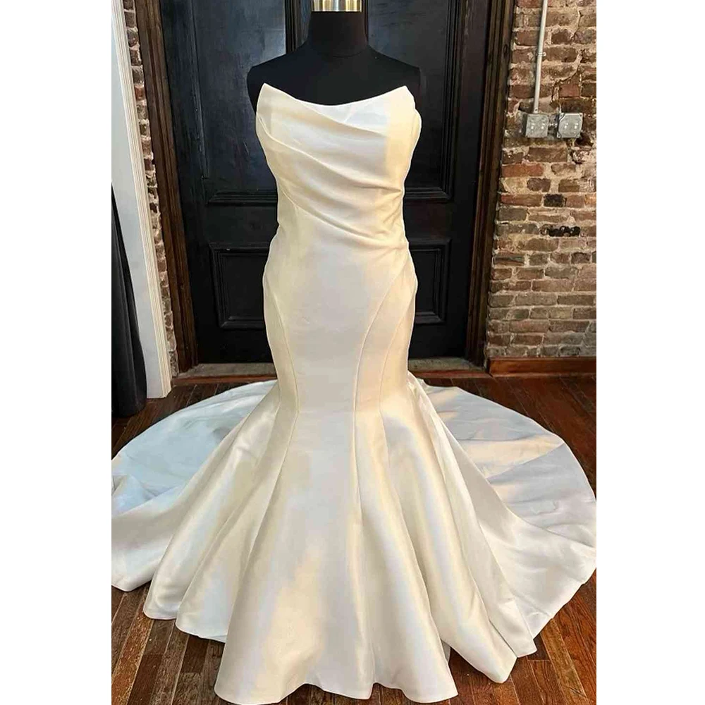 Elegant White Strapless Satin Mermaid Large Size Wedding Dress Sweep Train and Zipper Back vestido de novia sencillo y elegante