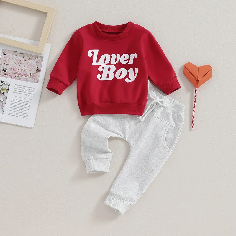 

Baby Boy Valentine's Day Outfits Letter Print Long Sleeve Sweatshirt and Elastic Waist Pants for Toddler 2Pcs Clothes 3-24Months