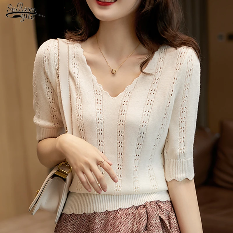 

Blouses Top Femme Short Sleeve Knit Blouse Womem Blusas Mujer De Moda 2022 Hollow Out V-Neck Knitted Blouse Shirt Pullover 19175