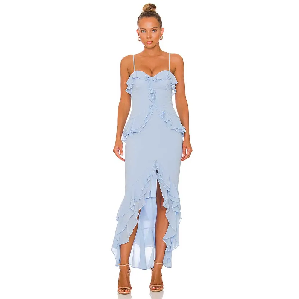 Baby Blue Prom Dress 2022 Spaghetti Straps Sweetheart Mermaid Evening Dresses for Women Ruffle Hi-Lo Ankle Length Midi Prom Gown