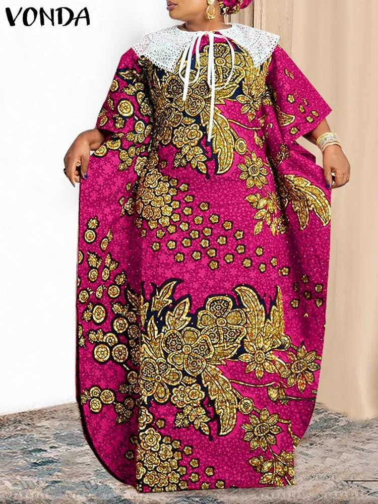 

Oversized Women Maxi Dress VONDA 2023 Summer Short Sleeve Bohemian Printed Long Sundress Lace Patchwork Casual Loose Vestidos