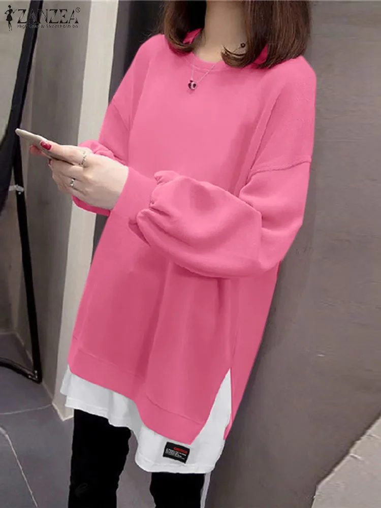

Свитшоты ZANZEA с длинным рукавом, Осенние Женские однотонные толстовки, блузка 2023, топы большого размера, свободные блузы с разрезом, футболка
