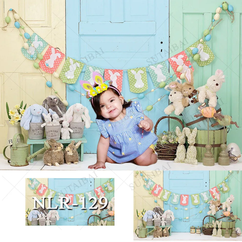 

Wood Birthday Backdrops Baby Cartoon Spring Easter Day Rabbit Flowers Eggs Grass Poster Photographic Background for Photo Studio