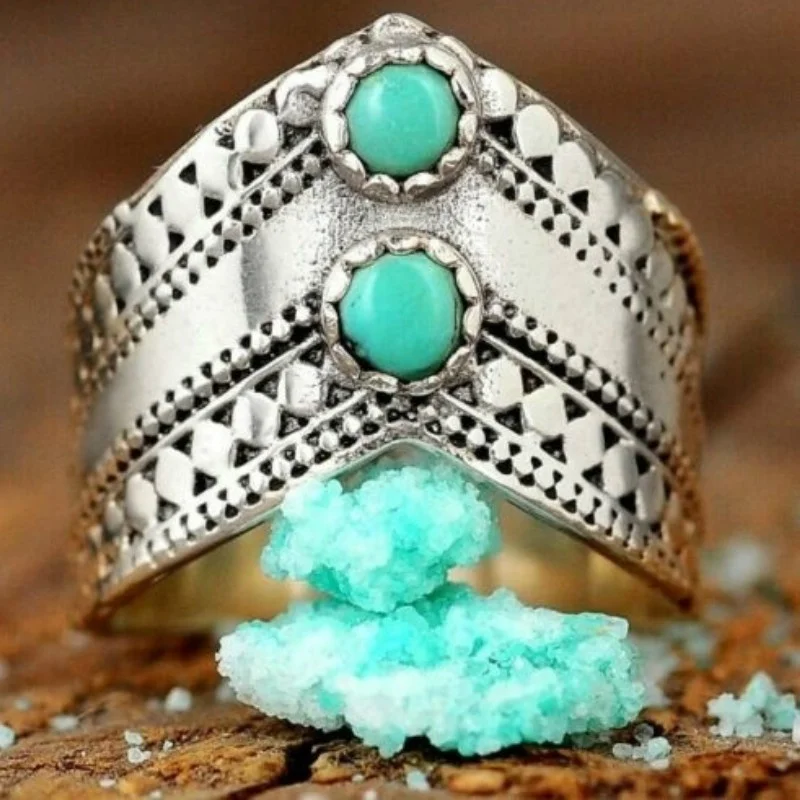 Antique  Silver Turquoise Ring for Women Boho Bohemian Blue Stone Thumb