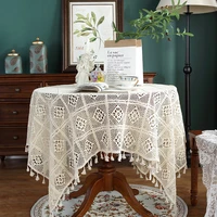 round 180cm knitted tablecloth with tassels beige crocheted dustproof hollow out table cover for home wedding table decoration