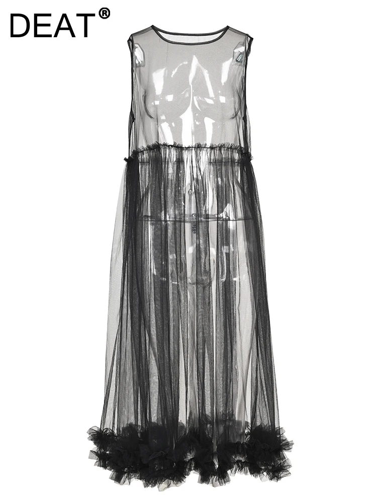 

DEAT Fashion Women's Gauze Dress Round Neck Sleeveless Black Perspective Mid-calf Brown Mesh Dresses Summer 2023 New 17A6755H
