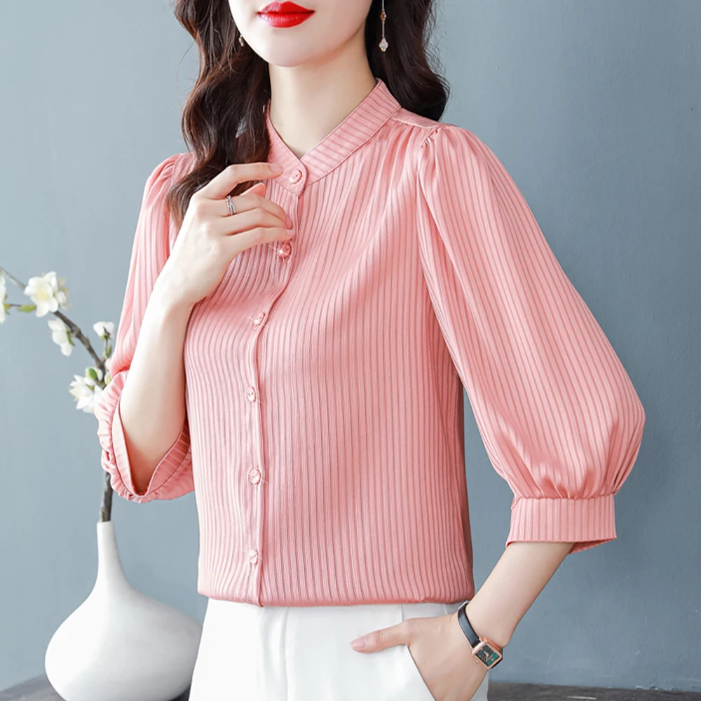 New Satin Fabric Comfortable Women Stripe Shirts Summer Fashion Women Blouses 2023 Elegant 3/4 Sleeve Ladies Casual Tops Blusas images - 6