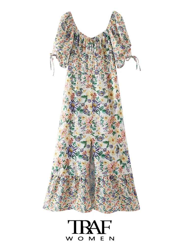 

TRAF Women Fashion Floral Print Front Slit Midi Dress Vintage Short Sleeve With Tied Female Dresses Vestidos Mujer