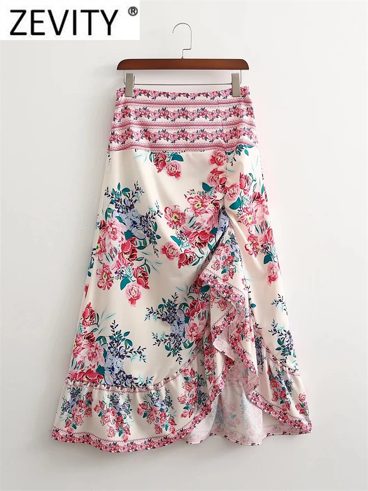 

Zevity Женская винтажная юбка миди с цветочным принтом, плиссированная юбка с оборками, женские юбки с боковой молнией, трапециевидные платья ...