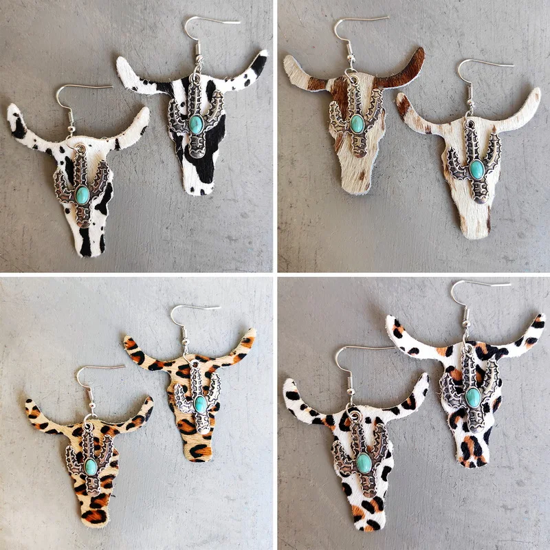 Серьги из натуральной кожи в западном стиле с леопардовым принтом и черепом