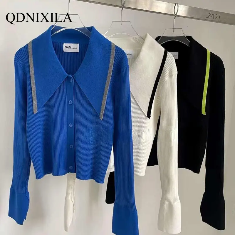 

Women's Sweater Korean Fashion Version of Large Lapel Single-breasted Color-blocking Sweater Cardigan Women's Knit Wear