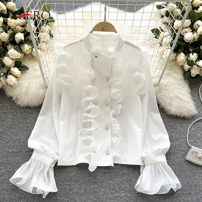 

Korean Fashion Chiffon White Long Flare Sleeve Shirt Elegant Sweet Chic Ruffled Collar Double Breasted Women Blouse Tops Blusas