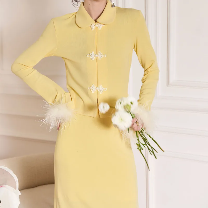 

Женское платье, Новогодняя одежда, маленький гусиный желтый флисовый шерстяной свитер, полуюбка, костюм из двух предметов, женский зимний к...