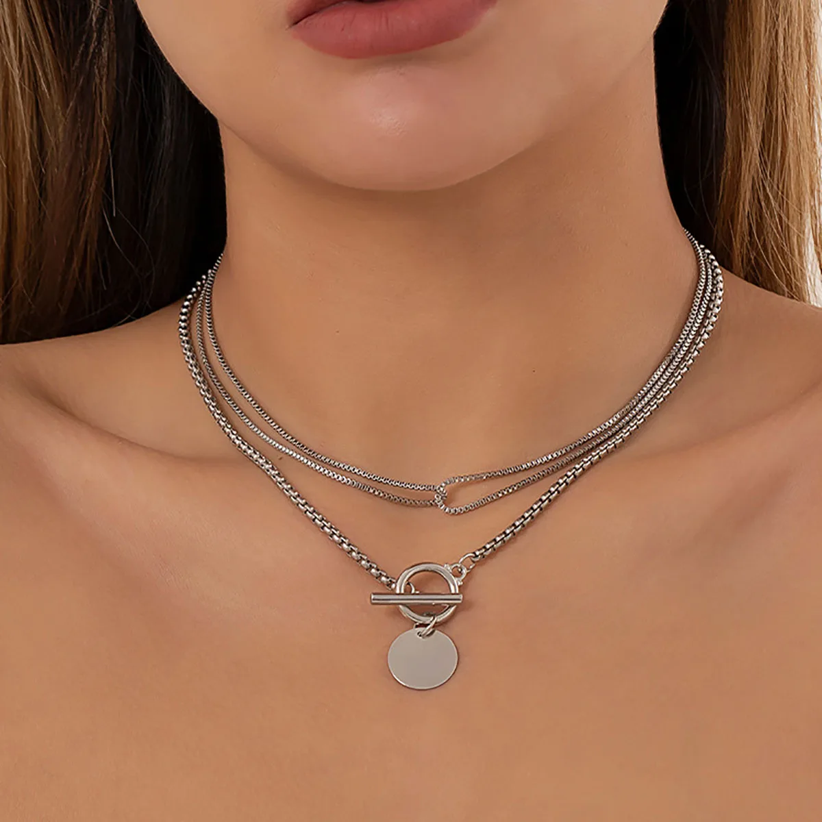 Simple Double Layer Metal Clavicle Necklace Women 2022 Vintage Box Chain Round Sequin Pendant Necklaces Girls Fashion Jewelry