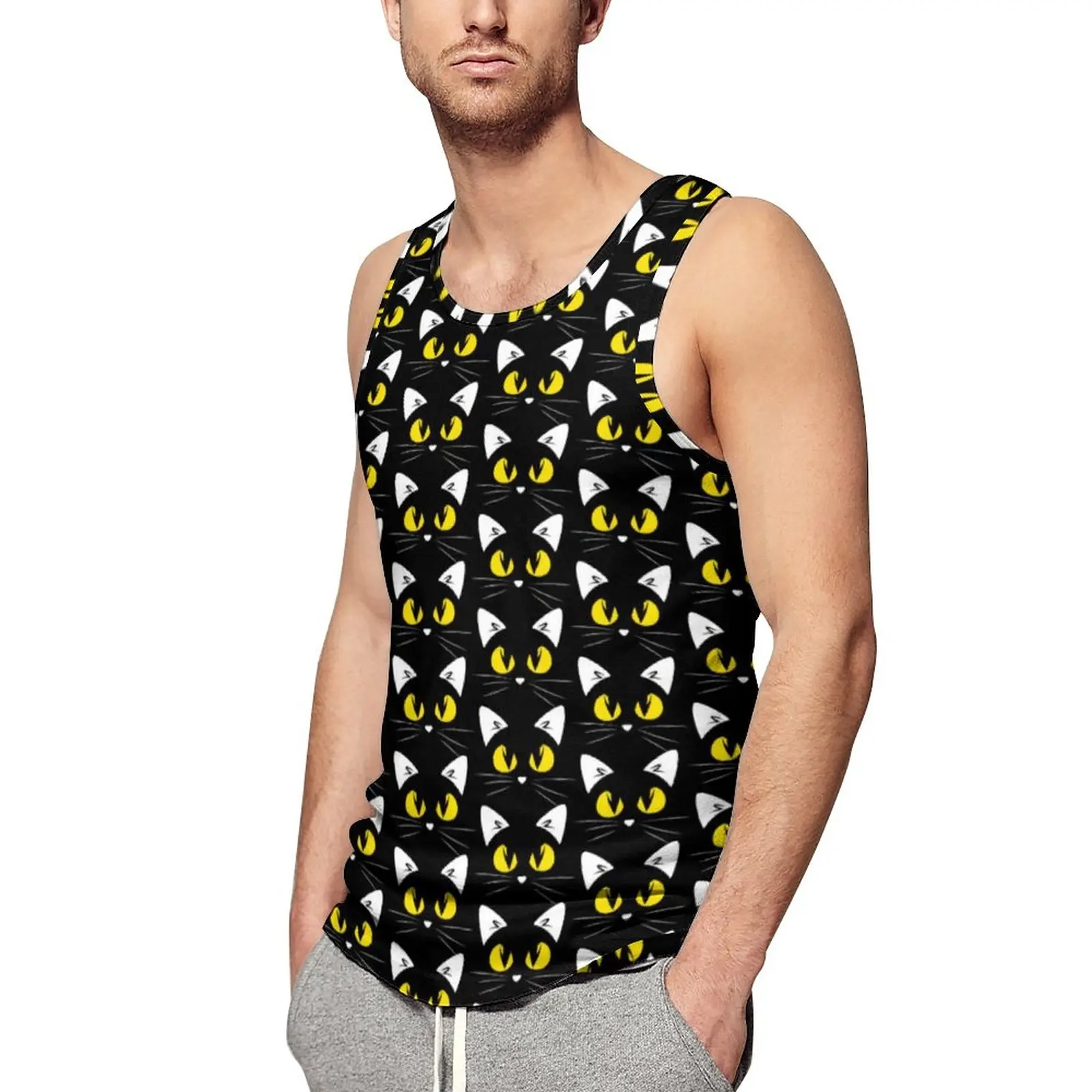 

Funny Halloween Tank Top Man's Black Cats Print Workout Oversized Tops Beach Sportswear Printed Sleeveless Vests
