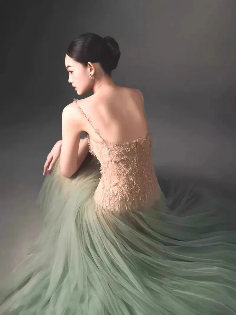 Вьетнамский бренд кружевное вечернее платье мятно-зеленое сетчатое супер фея
