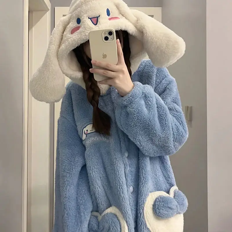 Bathrobe for Women Pajamas Set Long Sleeve Robes Kawaii Hooded Nightgown Thicken Flannel Night Gown Plush Soft Cartoon Sleepwear