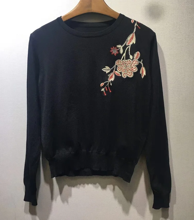 

Женский трикотажный свитер, повседневный пуловер с цветочной вышивкой и длинным рукавом, Осень-зима 2022