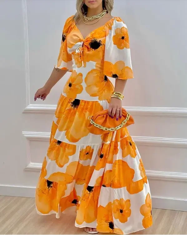 

Women Spring and Summer Floral Print Bell Sleeve Tie Front Maxi Dress Female & Lady Casual Office Party Dresses 2022 Fashion New