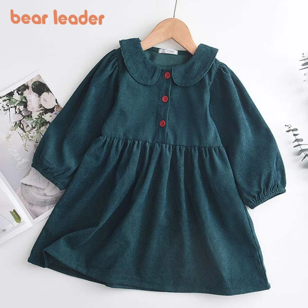 Bear Leader Baby Girls Clothes 2022 Autumn Round Neck New Solid Color Long Sleeve Casual Kids Party Princess Dresses Costumes