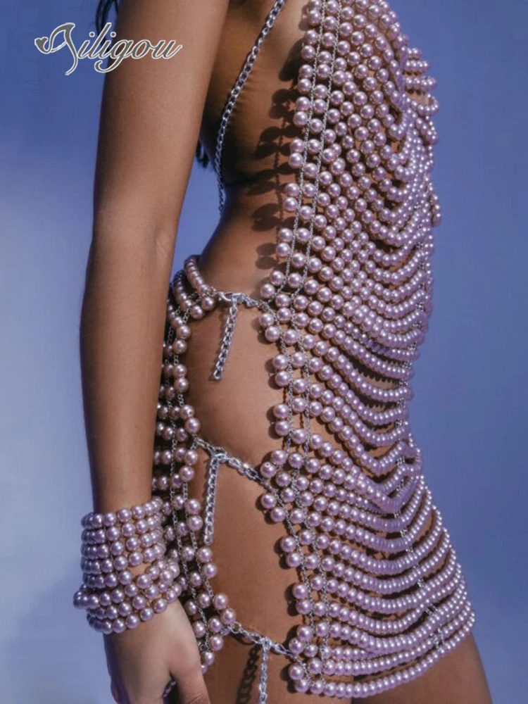 

Ailigou 2023 Новое Женское высококачественное пикантное платье без рукавов с вырезами на спине роскошное мини-платье ручной работы с бисером жемчужинами на день рождения