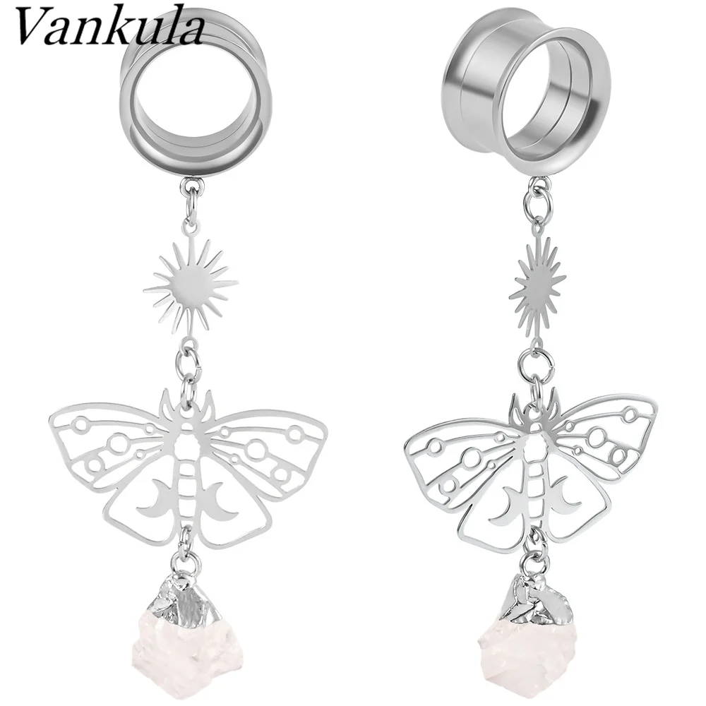 

Vankula 2PC Ear Gauges Butterfly-Pendant Natural Stone Stainless Steel Dangle Ear Plugs Tunnels Stretcher Piercing Body Jewelry