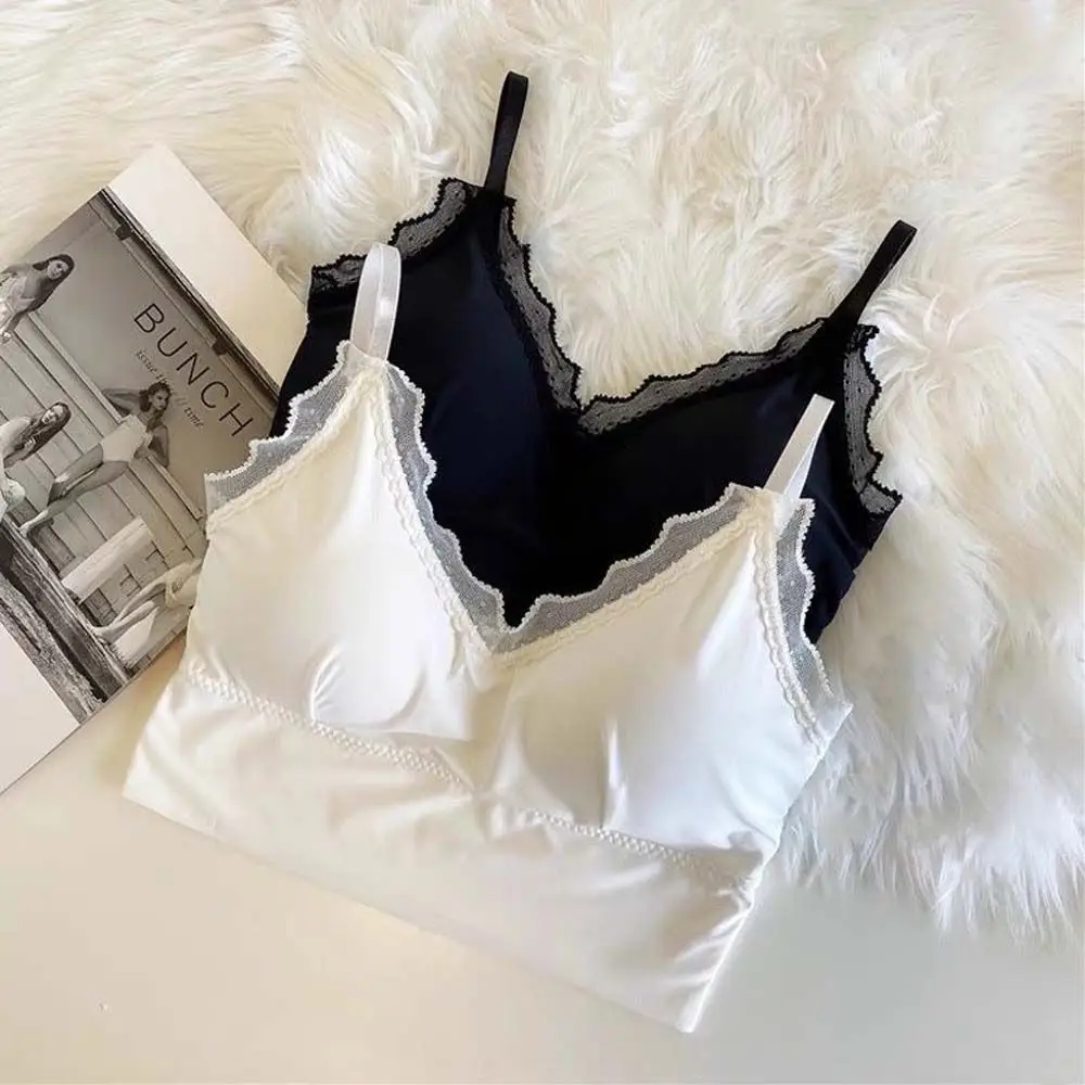 

Solid Color Brassiere Fashion Design Lace Lingerie Ice Silk Bralette Crop Top Sexy Tanks Women Camisoles Tube Top Bra