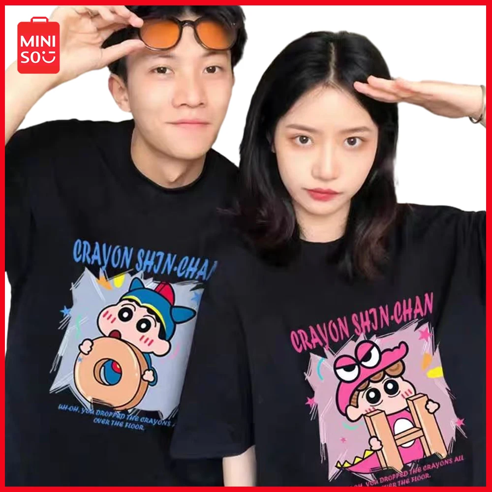 

2023 Miniso Crayon Shin-Chan Cartoon Anime Korean Edition Couple Print T-Shirt Fashion Pullover Spring and Autumn Casual Wear