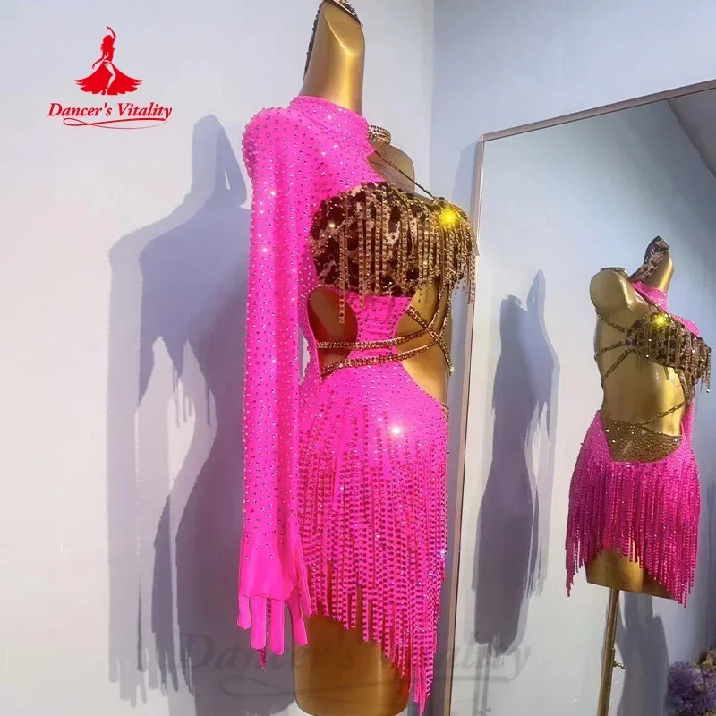 Платье для латиноамериканских танцев роскошное платье со стразами и бахромой