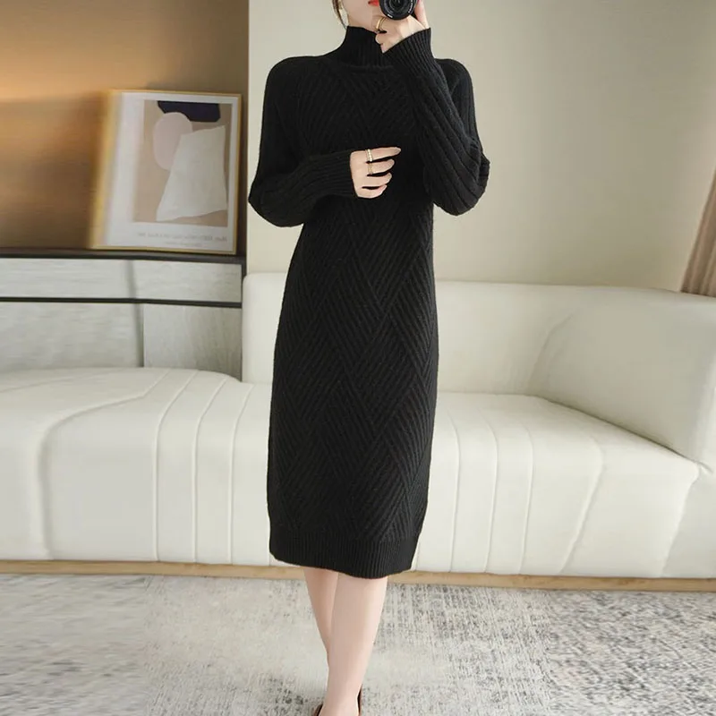 

Autumn Winter Thicke Sweater Dress Women Semi-Turtleneck Knitted Bottoming Shirt Fashion Long Loose Knitt Dress Women Outer Wear