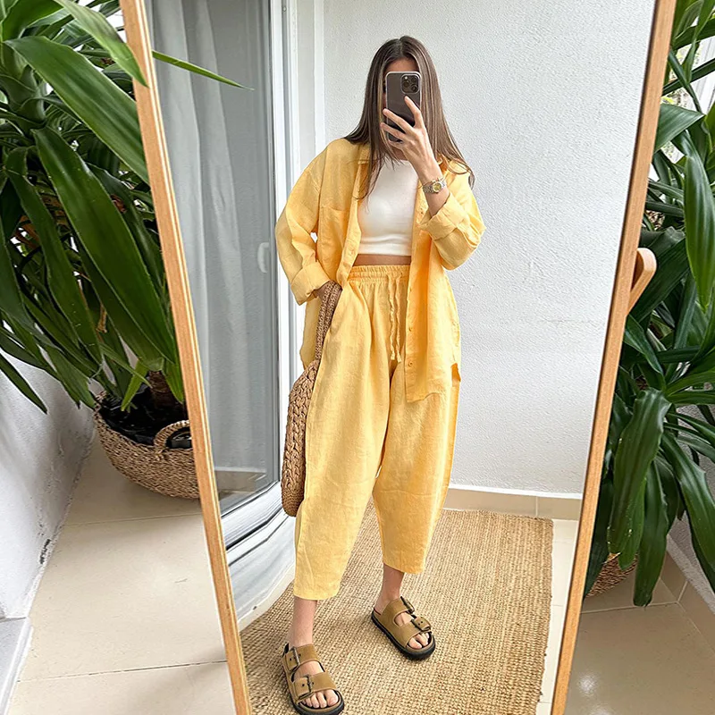 

European And American Foreign Trade Women Clothing 2023 Autumn New Solid Color Simple Long Sleeved Shirt High Waist Harlan Pants
