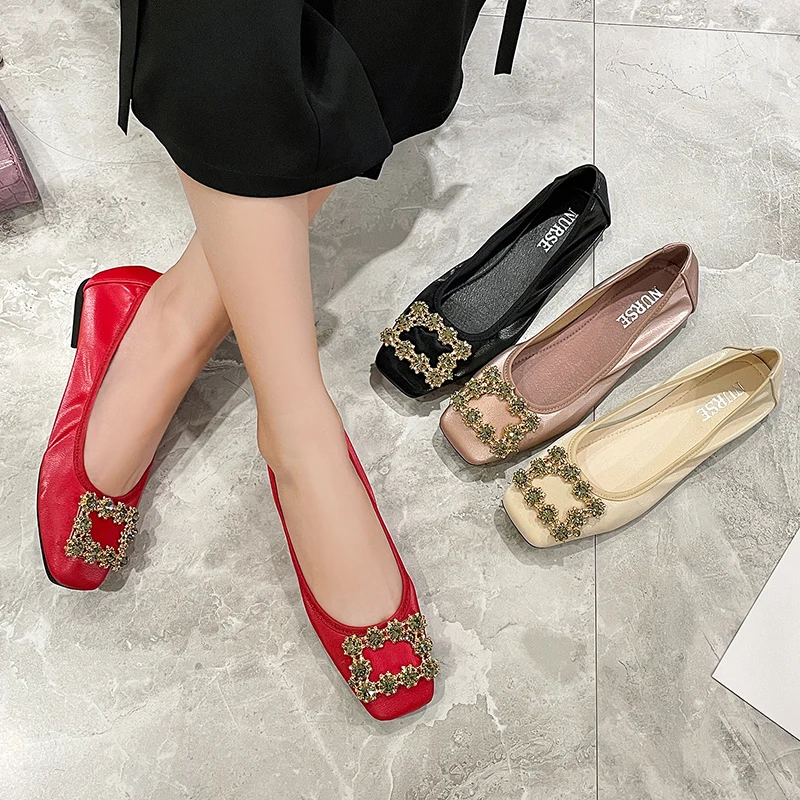 Hot Sale Biggest Size 44 Rhinestone Buckle Soft Comfortable Ladies Doll shoes Walking Style  Women's Casual Shoes Flats