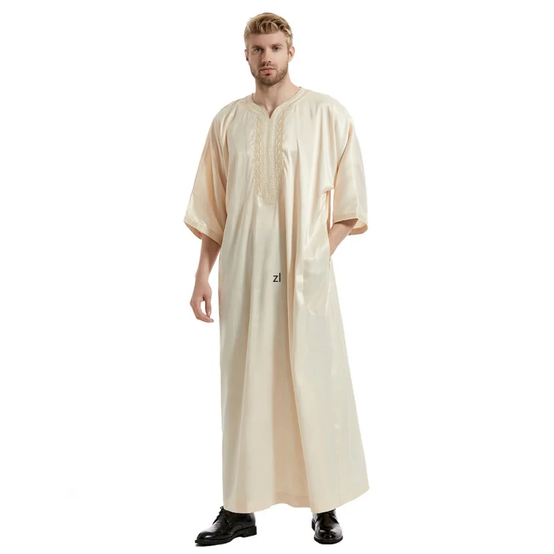Abaya Islam Arabic Embroidery Jubba Thobe Kaftan Men Satin Solid Half Sleeve Robes Dubai Middle East Men Muslim Clothes Ramadan