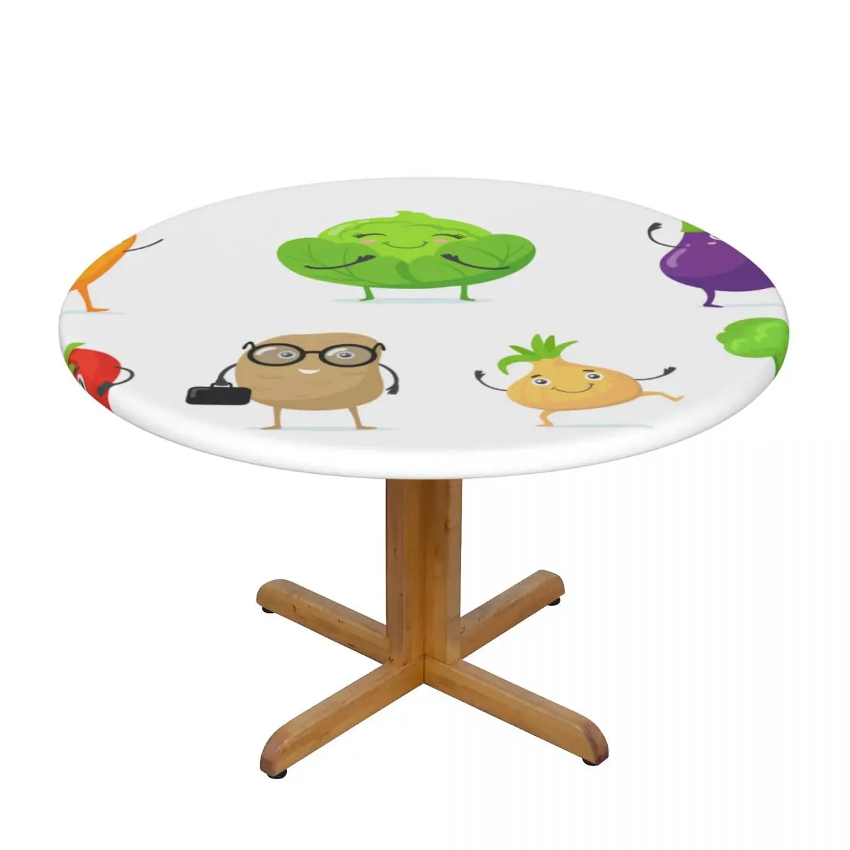 

Cute Vegetable Mascots Waterproof Polyester Round Tablecloth Catering Fitted Table Cover with Elastic Edged
