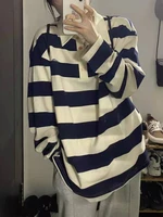 houzhou harajuku blue striped tshirts women preppy fashion oversize long sleeve t shirts korean style green tee top soft girls