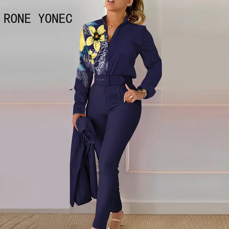 

2023 Women Casual All Over Print Top Long Sleeves Stand Collar with Belt Working Shirt & Pants Set