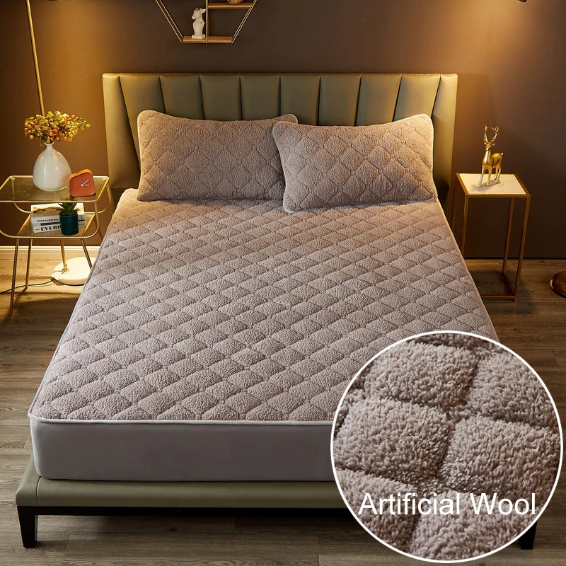 

Soft Artificial Lambswool Quilted Bed Mattress Protector Cover Warm All-inclusive Fitted Bed Sheet Thick Quilting Mattress Sheet