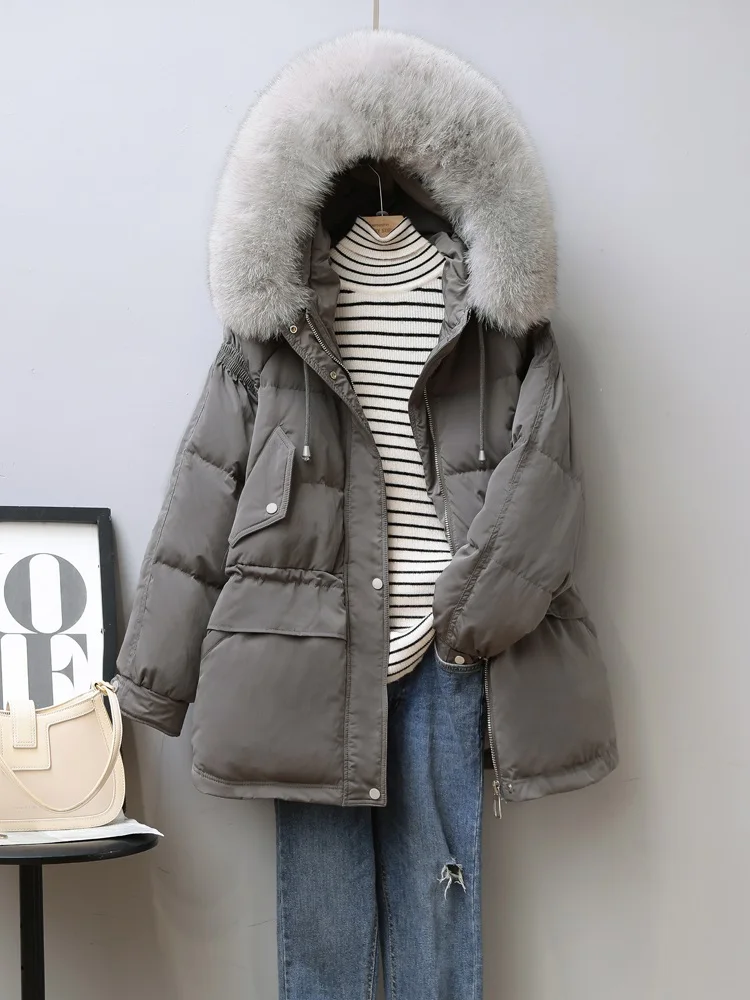 New Women Fox Fur Collar Down Jacket Casual Style Autumn Winter Coats And Parkas Female Outwear