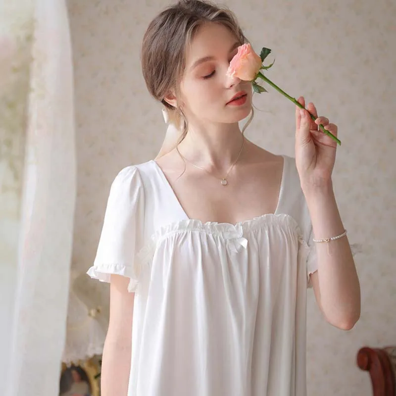 Roseheart Women Homewear White Pink Sexy Sleepwear Nightdress V Neck Bow Nightwear Long Luxury Female Court Gown Nightgown