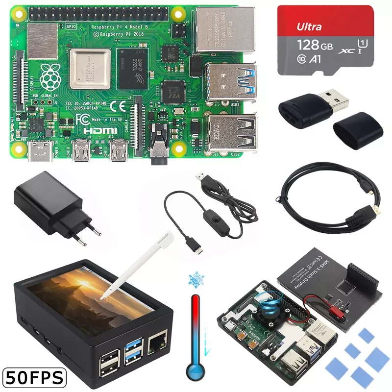 

New Raspberry Pi 4 Model B 8GB 4GB 2GB + 50FPS Touch Screen + Case+ Fan +Heatsinks + Power Adapter + 32 64 128 GB TF Card for