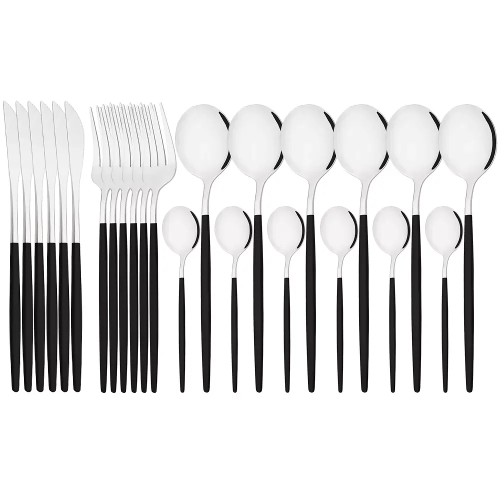

24Pcs/48Pcs Black Handle Silver Cutlery Set Stainless Steel Tableware Dinnerware Flatware Knife Fork Spoon Kitchen Silverware