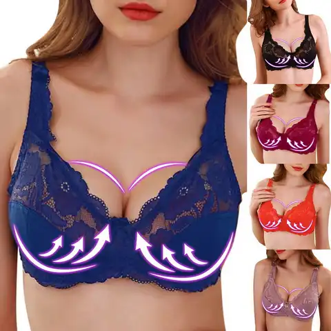 Women Lace Bra Solid Color Plus Size Bow Adjustment Hollow Gather Underwire Bra Summer Breathable Solid Comfortable Bra