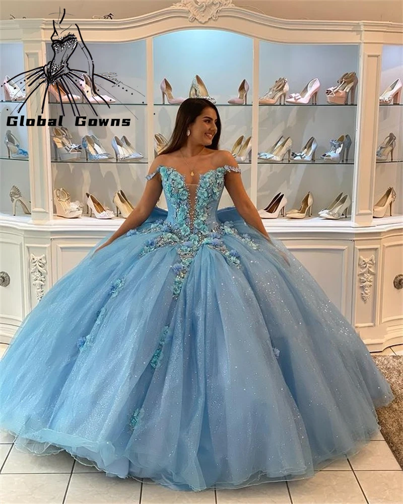 

Princess Sky Blue Sweetheart Ball Gown Quinceanera Dresses Beaded Celebrity Party Gowns 3D Flowers Graduation Vestido De 15 Anos