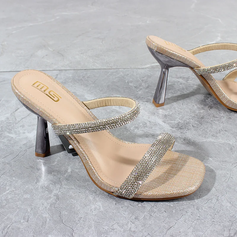 

Women's Modern Shoes 2022 Summer New PU Crystal Rhinestone Gold Thin Heels Outside Fashion Party Women's Sandals